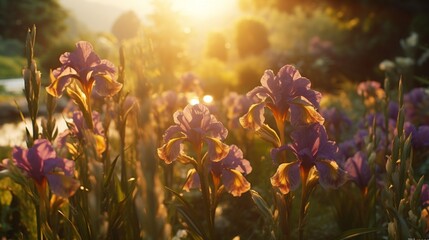 A Silverbell Iris garden at sunset, bathed in warm, golden light.