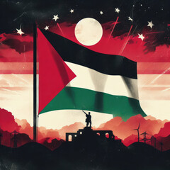 Illustration drawing with war themed Palestinian flag