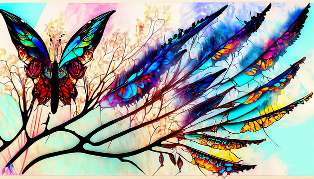 butterfly and feathery leaves with painting and stained glass styles