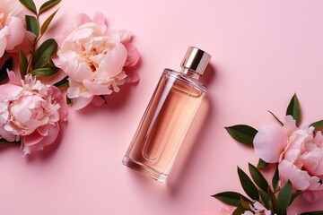 Obraz na płótnie Canvas Transparent glass perfume bottle with gold cap and beautiful peonies flowers on pink background. Women's perfume, eau de toilette, floral scent, mockup for branding