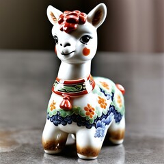 Alpaca Elegance: Petite Pottery Figurine with Painted Flower Adornments - A Collectible Decorative Piece