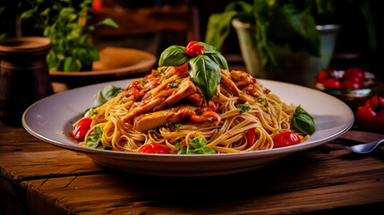 Plate of chicken pasta on a rustic wooden table. Serving food in a restaurant.