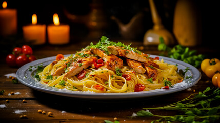 Plate of chicken pasta on a rustic wooden table. Serving food in a restaurant.