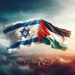 Israel and Palestine flags with peace symbols side by side on sky and fog background - obrazy, fototapety, plakaty
