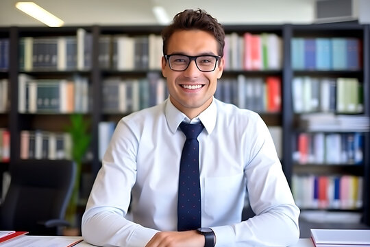 Young accountant working at desk, books blurred background