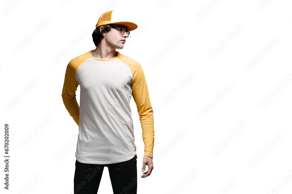 Wall mural Man model with beard wearing white and yellow blank Long Sleeve Shirt for mock up and a baseball cap with space for your logo or design