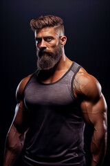Fototapeta na wymiar Portrait of a athletic muscular bearded man posing on a grey background.