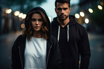 Man and woman wearing blank hoodie