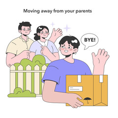 Moving out from parents. Young character pack belongings and relocating. Youth and adulthood years. Life milestones. Young male character getting old. Flat vector illustration