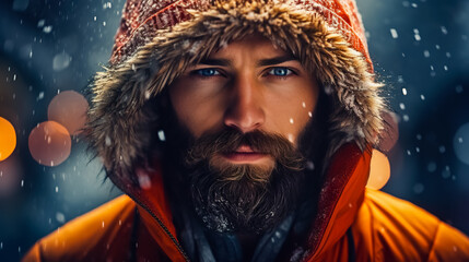 Portrait of a young handsome man with a beard covered in icicles and snowflakes. A person close up of a snowy bearded man in winter.