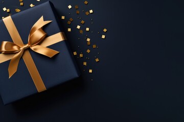 A beautiful blue gift box with a shiny gold bow, set against a dramatic black background. Perfect for any occasion and can be used to convey feelings of surprise, celebration, or appreciation. - Powered by Adobe