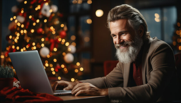 A happy middle-aged man in a business suit works at a laptop in the office against the backdrop of a Christmas tree. Holiday work concept.