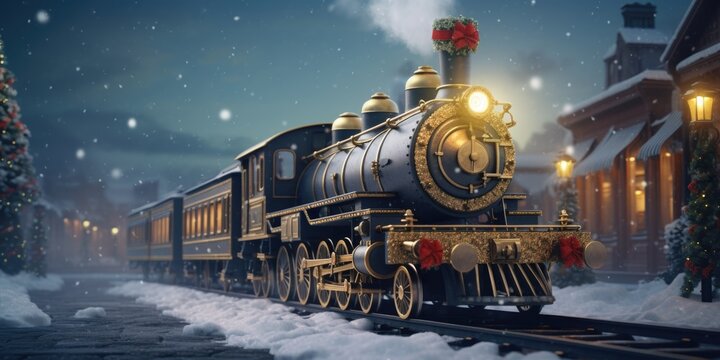 An old fashioned train is traveling through a snowy town. This image can be used to depict winter scenery or transportation in a small town.