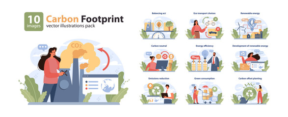 Carbon Footprint set. Visualizing personal impact on environment. Balancing natural resources, making eco-friendly transport choices, promoting energy efficiency. Flat vector illustration