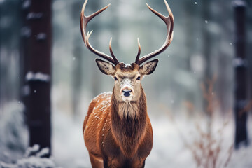 Naklejka na ściany i meble Red deer in winter forest looking to camera. wildlife, Protection of Nature.