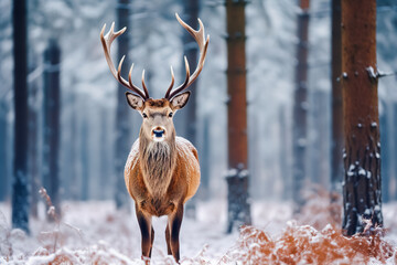 Red deer in winter forest looking to camera. wildlife, Protection of Nature.