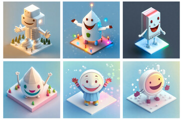 A set of AI generated isometric cartoon characters in a cheerful and happy mood. Concept of pure joy, happiness, cheering, love and strong positivity. Style of a winter wonderland.