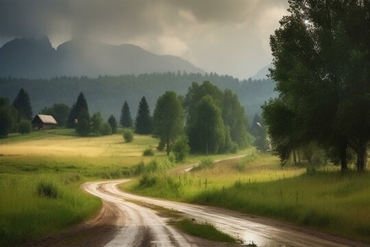 Rainy summer landscape with mountains, meadows, trees, and a road. Generative AI