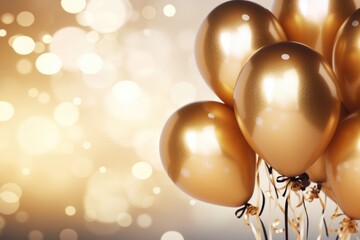 A vibrant image featuring a bunch of gold balloons adorned with confetti and streamers. Perfect for adding a touch of celebration and joy to any occasion.