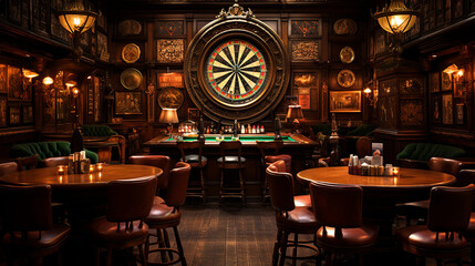 Fototapeta na wymiar A classic English pub with dark wood paneling, leather bar stools, and a traditional dartboard