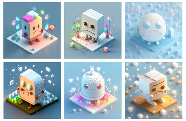 A set of AI generated isometric cartoon characters in a sad mood. Concept of sadness, depression, bitterness, illness, tears and loneliness. Style of a winter wonderland.