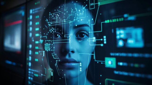 High-Tech Woman with Cyber Security Face Scanning Graphics