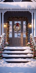A festive house adorned with Christmas decorations, including a beautiful wreath on the front door. Perfect for holiday-themed projects and advertisements.