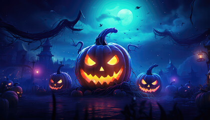Fototapeta premium Neon lights halloween party background with pumpkins