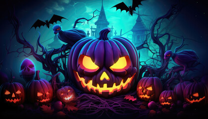 Obraz premium Neon lights colorful halloween wallpaper with jack o lantern pumpkin faces