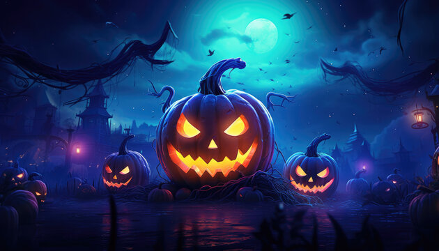 Neon lights halloween party background with pumpkins