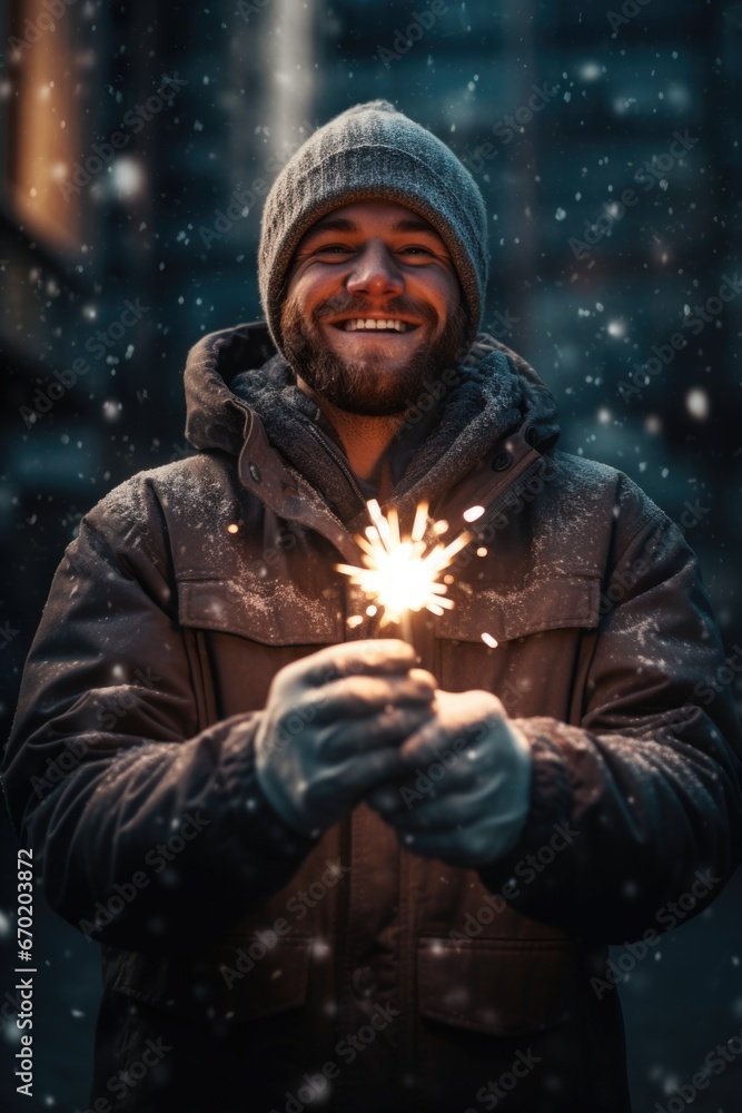Poster a man holding a sparkler in his hands. perfect for celebrating special occasions and adding a touch 