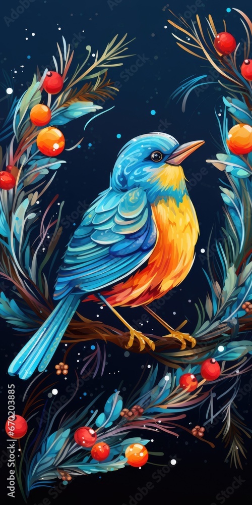 Poster a vibrant bird perched on a branch surrounded by berries. this image can be used to add a pop of col