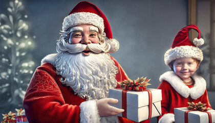 Święty Mikołaj rozdający prezenty - obrazy, fototapety, plakaty