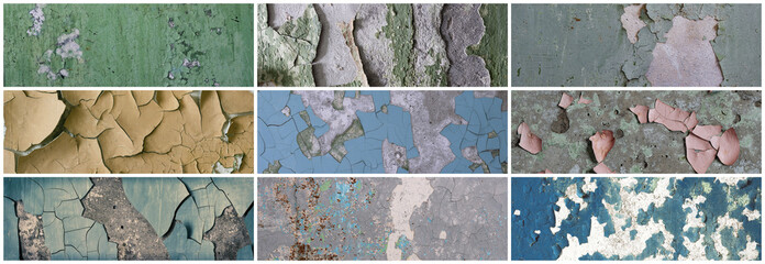 Set of peeling paint textures. Old concrete walls with cracked flaking paint. Weathered rough painted surfaces with patterns of cracks and peeling. Collection of wide panoramic backgrounds for design.