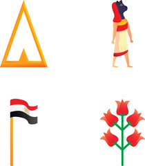 Egypt symbol icons set cartoon vector. Egyptian deity, country flag and flower. Egypt, travel concept
