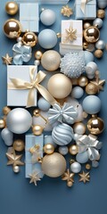 A pile of blue and gold Christmas ornaments. Perfect for adding a touch of elegance to your holiday decorations.