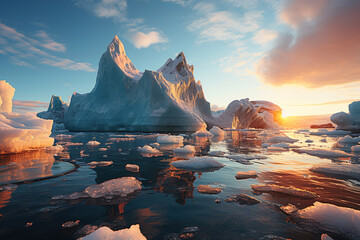 A group of icebergs floating on top of the ocean. Sun, global warming concept.