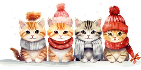 A group of adorable kittens wearing hats and scarves. This picture can be used to add a cute and festive touch to any project or design.