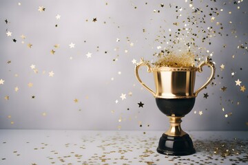 Sparkles grey background with a winners cup. Flat lay 
