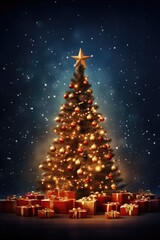 A festive Christmas tree with beautifully wrapped presents in front of it. Perfect for holiday decorations and gift-giving themes.