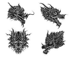 Obraz premium Set of black solid traditional Chinese or Japanese dragon head in hand drawn style isolated on white background. Mythology Asian animal or monster, devil. Ink oriental dragon for t-shirt or tattoo 