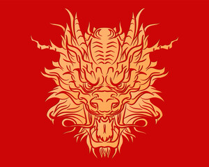 Bright luxury poster with traditional golden Chinese dragon head on red background. Mythology animal in Asian style. Solid ink gold dragon tattoo