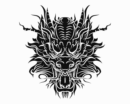 Black solid traditional Chinese or Japanese dragon head in hand drawn style isolated on white background. Mythology Asian animal or monster, devil. Ink oriental dragon for t-shirt prints or tattoo 