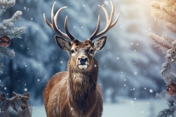 A beautiful deer stands gracefully in a snowy forest. This image captures the serene beauty of nature. Perfect for winter-themed designs and wildlife enthusiasts.
