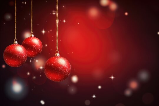 Three red Christmas balls are hanging from a gold chain. This festive image can be used to decorate holiday cards, websites, or advertisements.