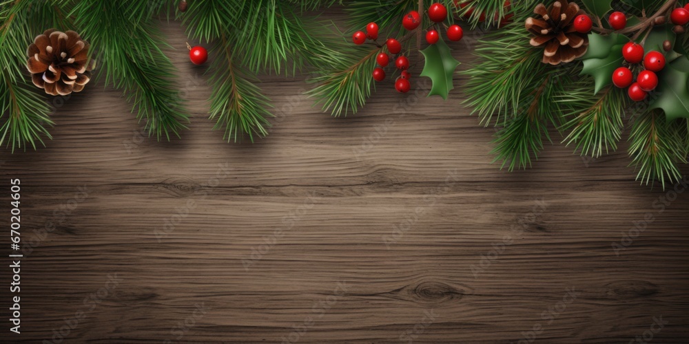 Aufkleber a pine branch with berries and pine cones on a wooden background. perfect for rustic and nature-them