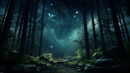 A breathtaking view of an otherworldly forest with iridescent, crystalline trees under a starry sky.