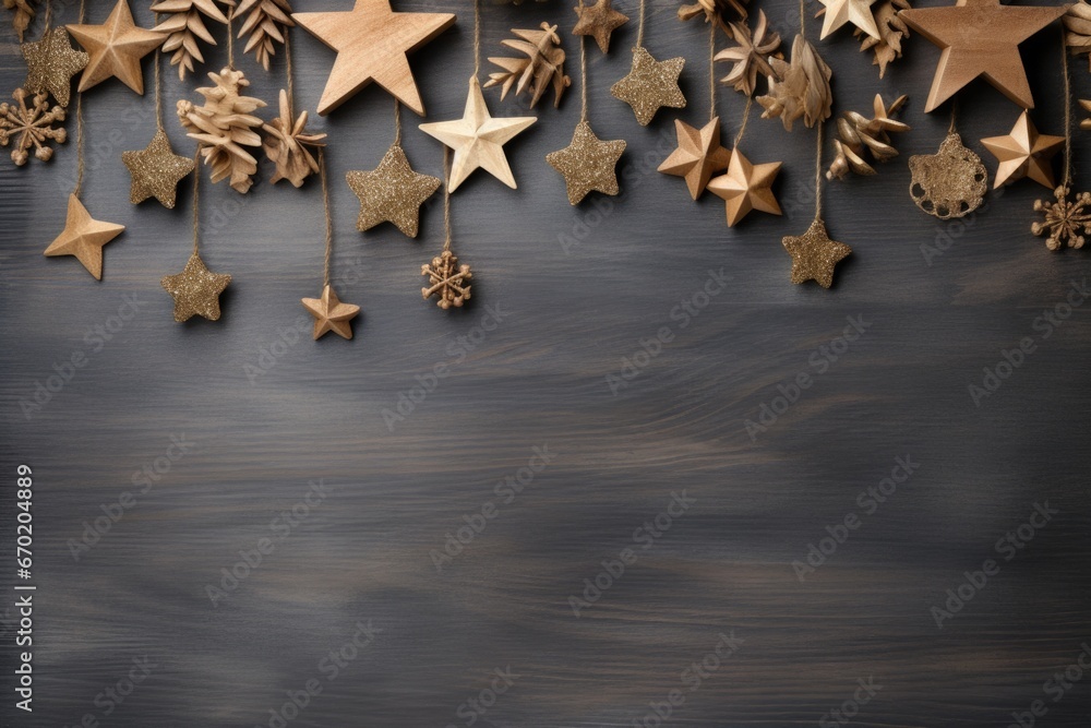 Poster A collection of wooden stars suspended from strings, creating a rustic and charming decor. Perfect for adding a touch of warmth and coziness to any space