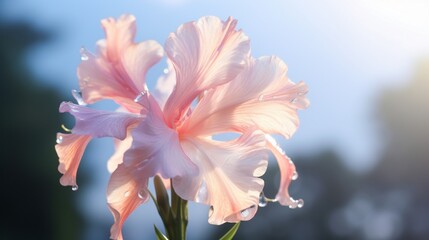 A single Gossamer Gladiolus flower, bathed in soft sunlight, with dewdrops glistening on its...