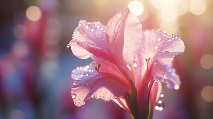 A single Gossamer Gladiolus flower, bathed in soft sunlight, with dewdrops glistening on its...